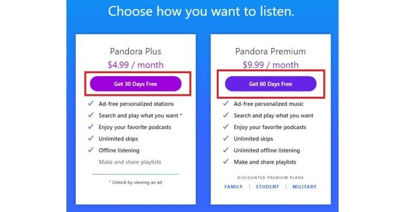 Pandora Plus とプレミアム オファー