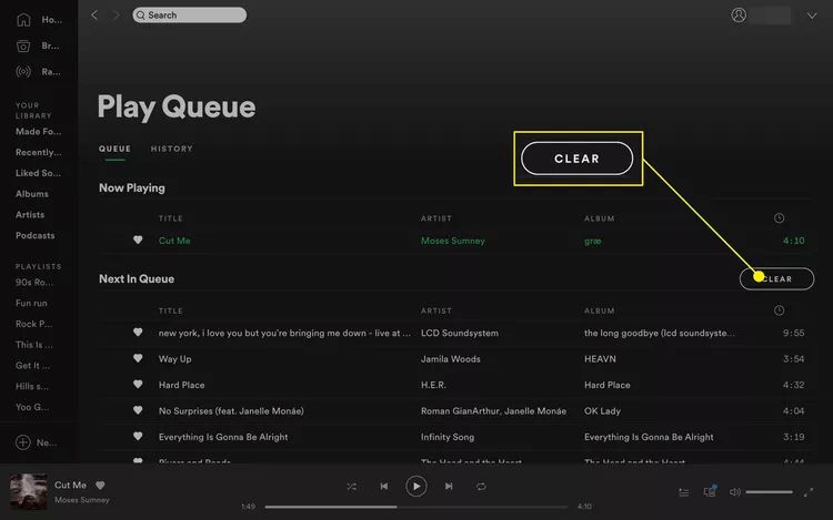 「クリア」ボタンをクリックすると、 Spotifyさんの窓