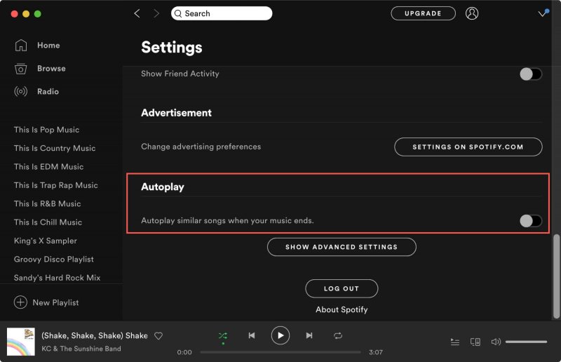 オフにする Spotify 設定での自動再生